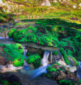 Captivating Mossy Landscape in Gunma, Japan - Enchanting Green Moss and Flowing Water Scene.