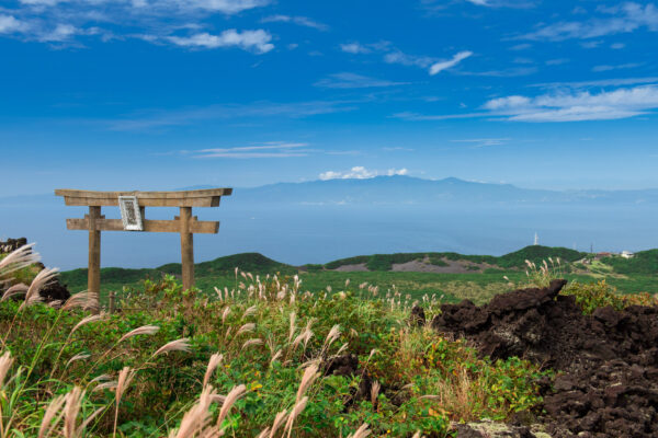 Tranquil Oshima Island: Serene beauty of Japan with lush greenery, torii gate, and rolling hills.