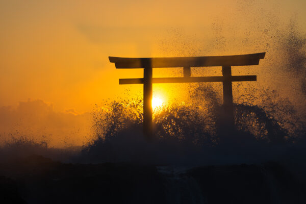 Tranquil Japanese Torii gate at sunset, Oarai Isosaki Shrine, symbolizing spiritual connection and peace.