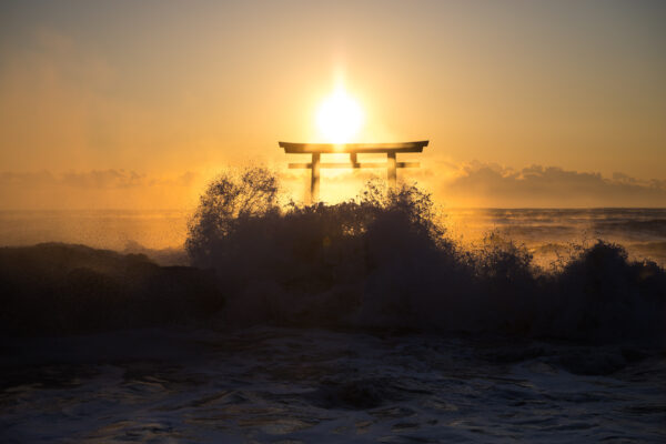 Tranquil sunset view of Oarai Isosaki Shrine in Japan.