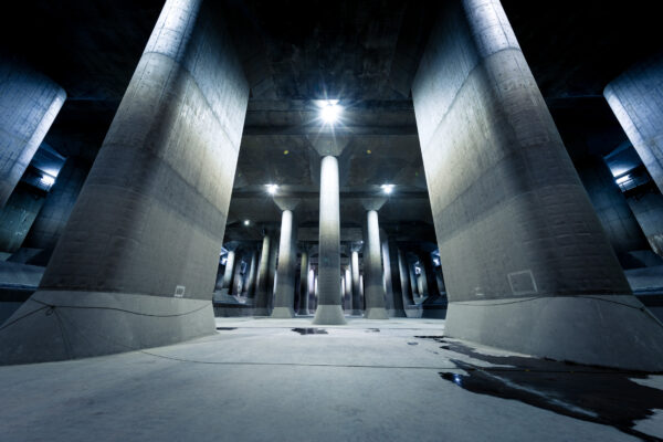 Sublime Water Channel: Grand industrial marvel with towering pillars, curved path, and reflective floor.