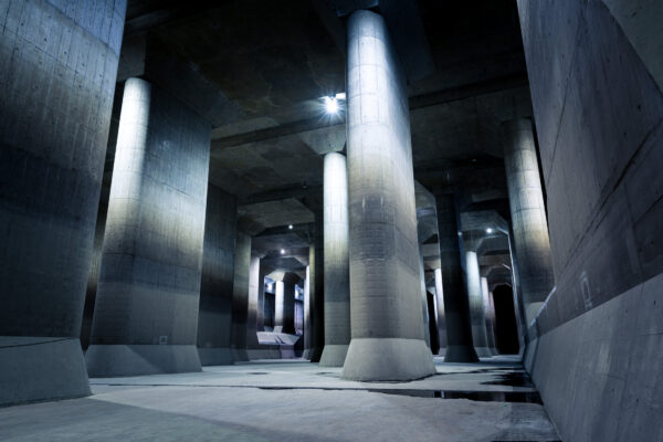 Impressive Subterranean Water Management System with Towering Concrete Pillars.