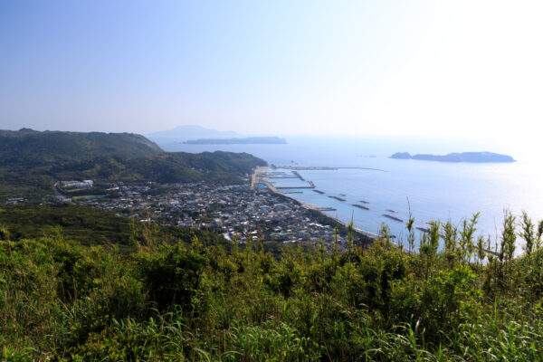 Breathtaking coastal town view from Fujimi Pass Observation Deck.