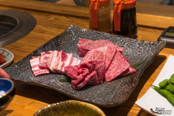 Premium marbled beef dish in warm restaurant setting on Nishinoshima coast, Japan.