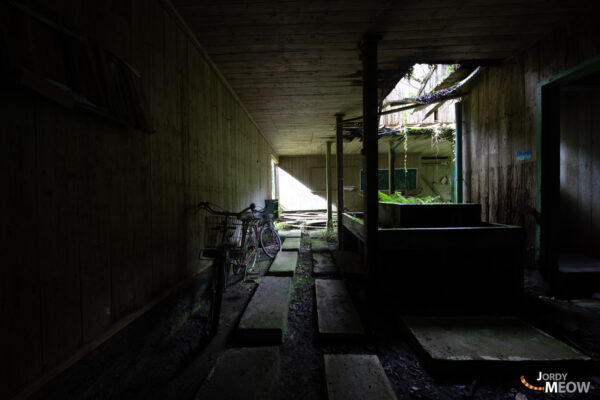 Eerie abandoned Kyushu schoolhouse hallway.