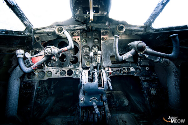 Abandoned decaying Japan Airlines cockpit interior, Kyushu.