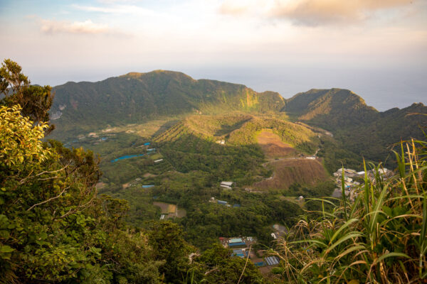 Scenic mountain village sunset landscape.