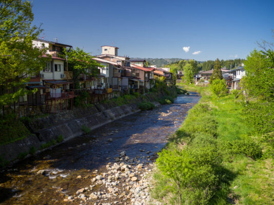 Idyllic Japanese village riverscape scenery