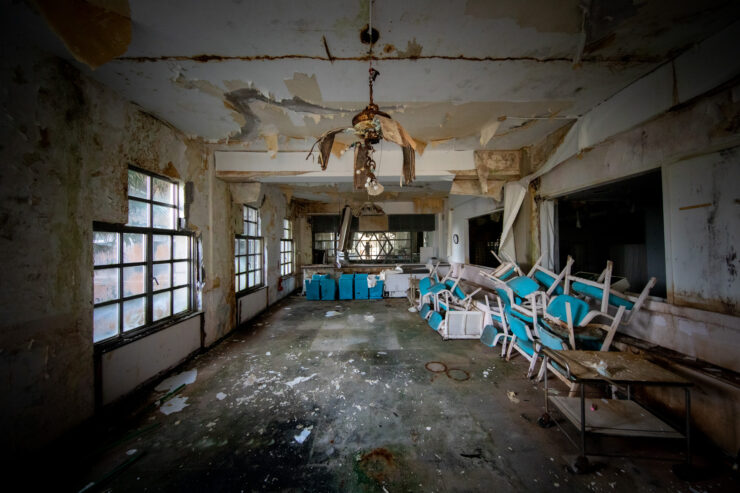 Hachijo abandoned opulent hotel lobby captivating decay