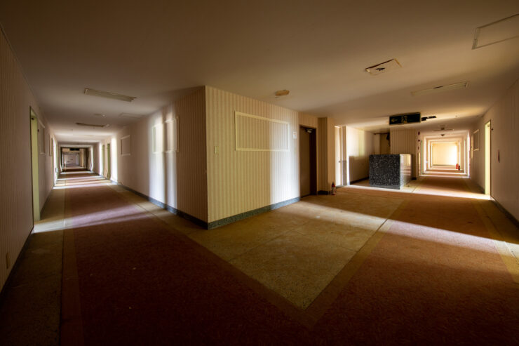 Eerie abandoned hallway, Hachijo Royal Hotel, Japan.
