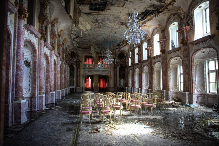 Haunting abandoned palace ballroom interior