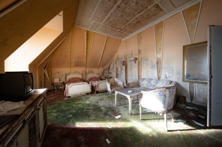 Decaying vintage bedroom, remnant of Gluck Kingdom.