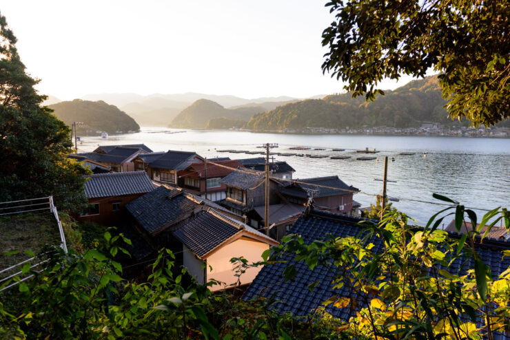 Traditional boat houses in Ine village, Japan, with blue-tiled roofs and lush greenery.