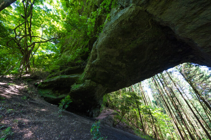 Mystical moss-covered rock archway to Kamishikimi Shrine
