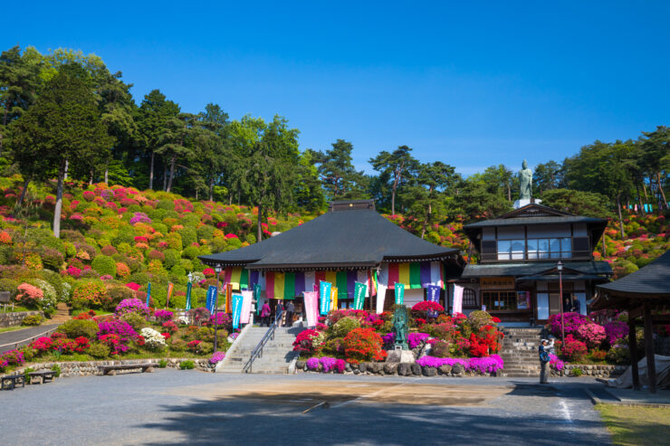 Stunning Japanese temple with vibrant azalea garden.