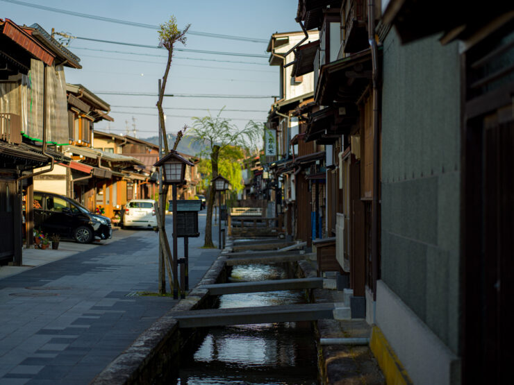 Picturesque canal town Hida-Furukawa, traditional Japanese architecture.