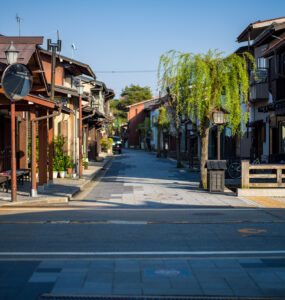 Charming cobblestone street in historic Hida-Furukawa town, Japan.