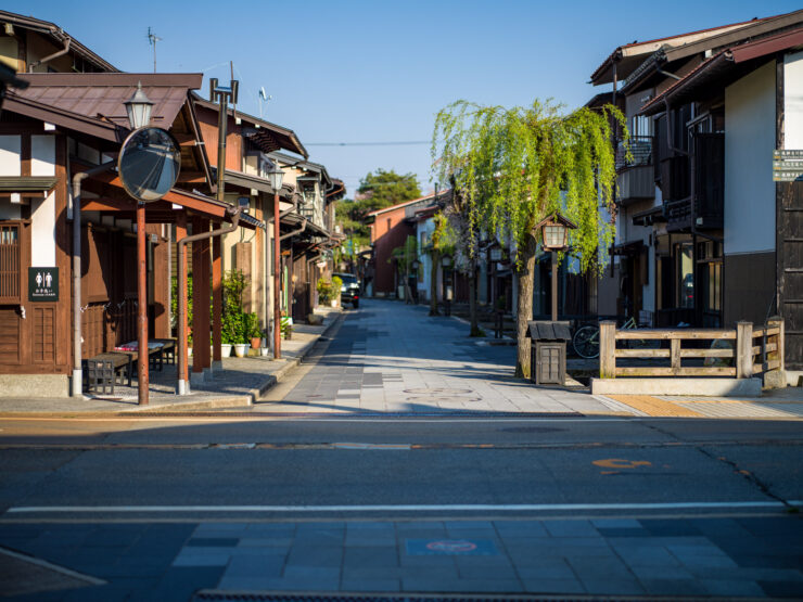 Charming cobblestone street in historic Hida-Furukawa town, Japan.