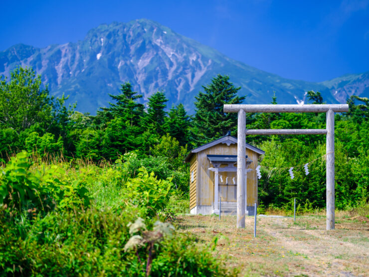Rishiri Islands iconic volcanic peak, serene shrine landscape.