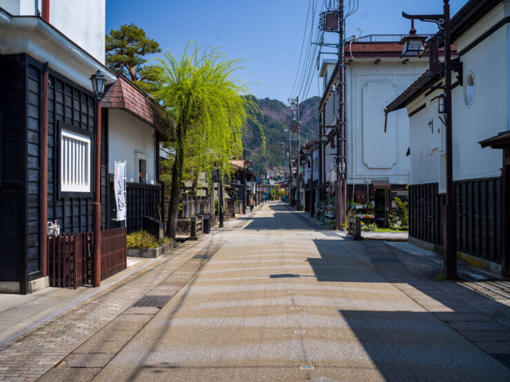 Tranquil Japanese town street with historic buildings, lush greenery, and weeping willow tree.
