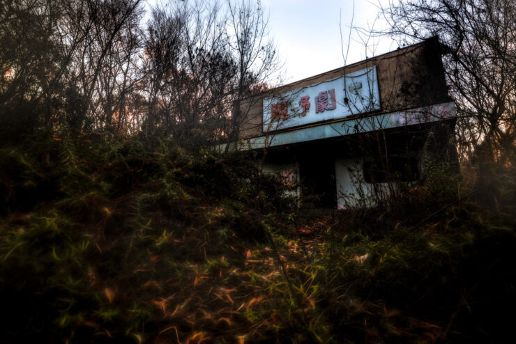 Abandoned retro club in Ibarakis secluded forest clearing.