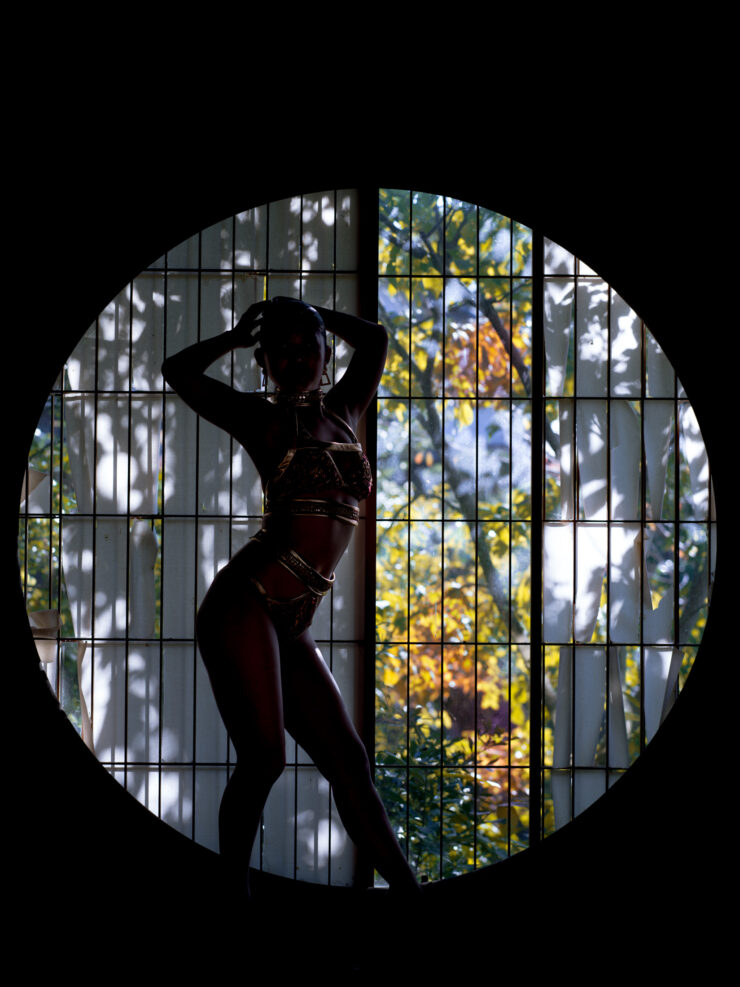 Graceful dancer silhouette in mansion interior view