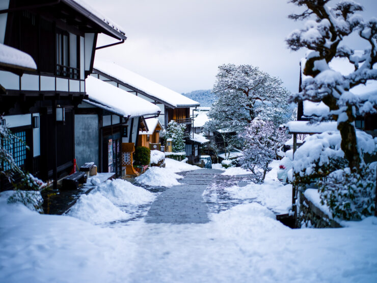 Quaint snowy Magome-juku post town, Japan