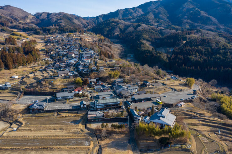 Historic Japanese mountain town aerial view