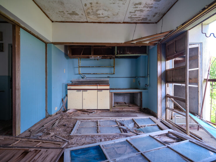 Eerie abandoned kitchen interior relic