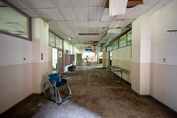 Haunting abandoned hospital hallway, Ikeshima mining town.