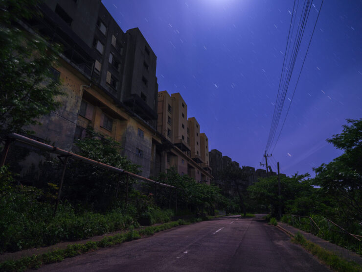 Haunting abandoned cityscape at night