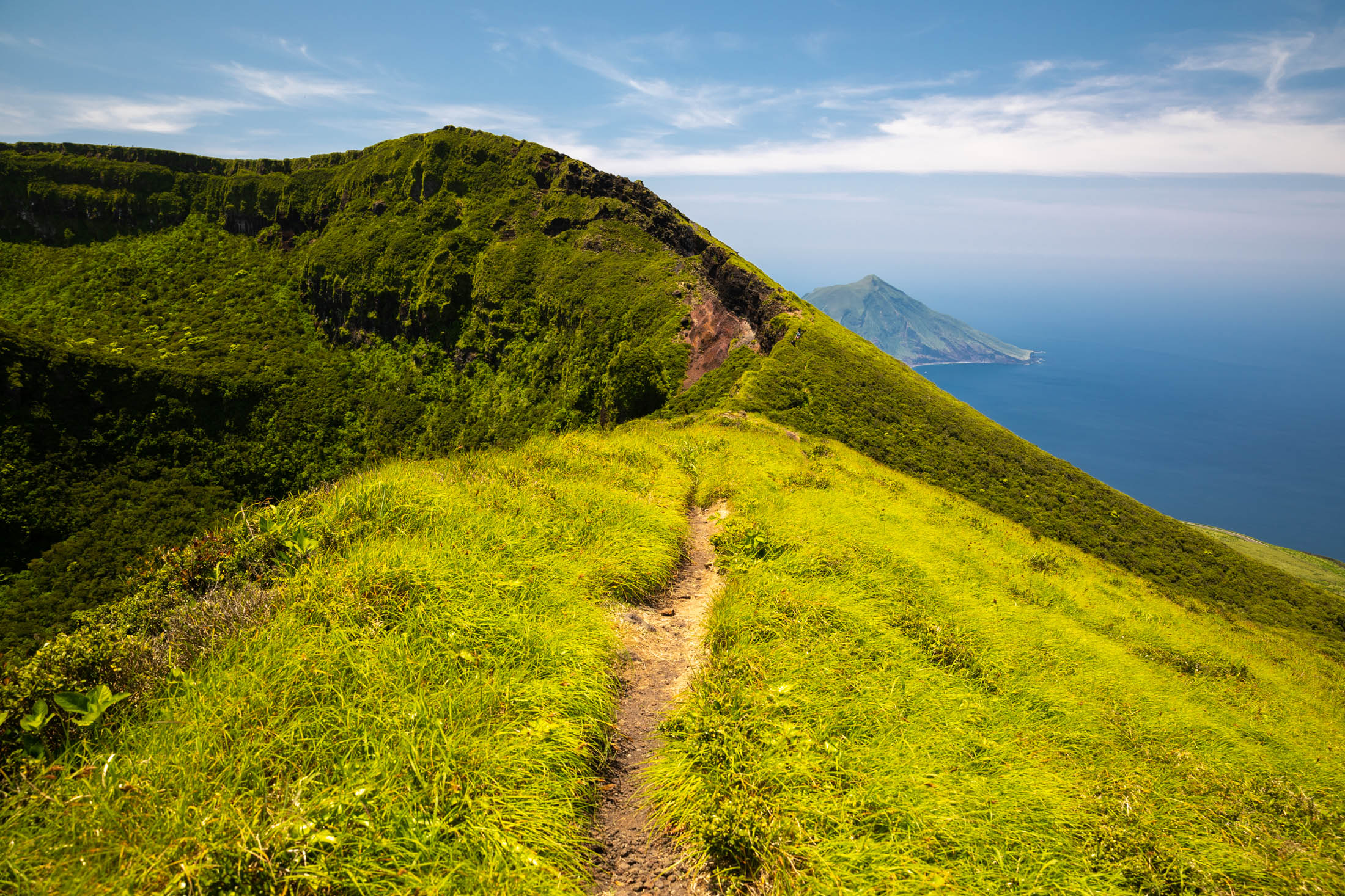 Scenic coastal hiking trail on Hachijojima volcanic island
