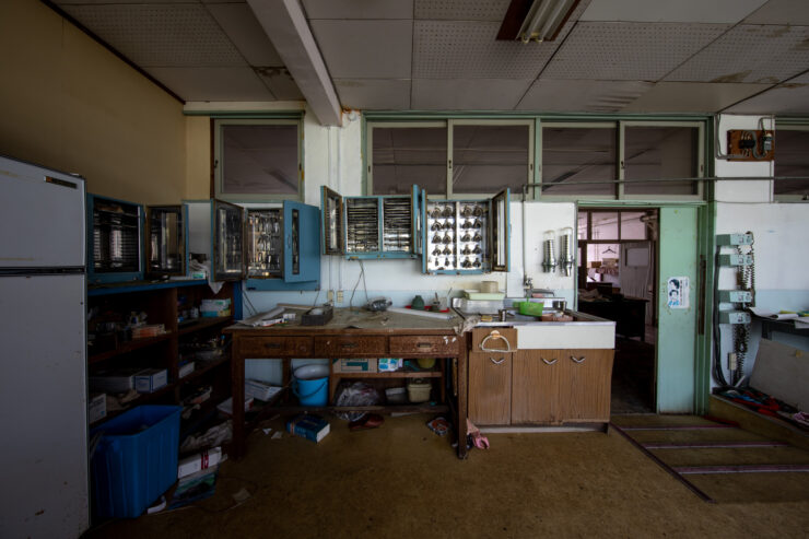 Abandoned Ikeshima mine workshop interior, industrial relic
