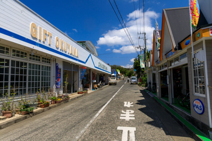 Vibrant Shikinejima street scene, traditional Japanese architecture