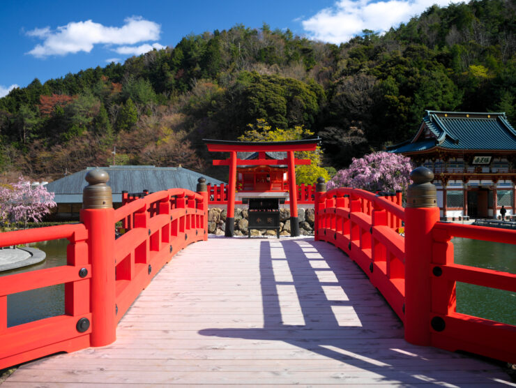 Scenic Japanese temple garden bridge landscape