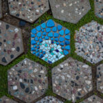 Vibrant hexagonal mosaic pavement in historic Onomichi, Japan.