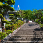 Serene Japanese garden staircase temple Onomichi.