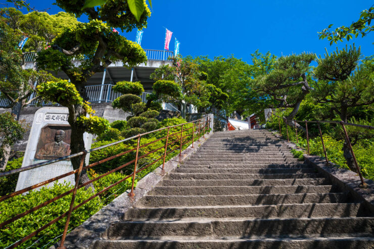Serene Japanese garden staircase temple Onomichi.