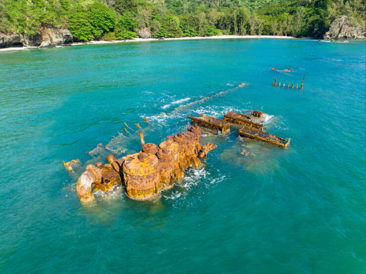 Serene shipwreck snorkeling paradise lagoon.