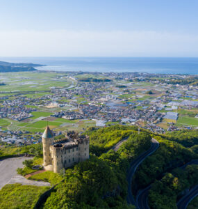 Coastal medieval castle aerial view