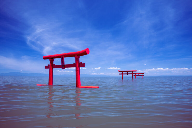 Submerged Red Torii Gates at Ouo Shrine, Japan