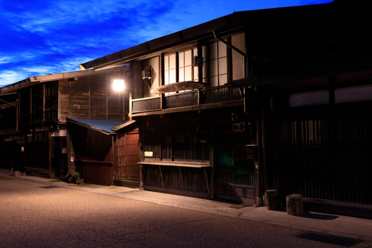 Historic illuminated Japanese wooden inn
