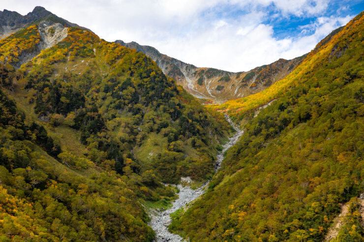 Autumn mountain panorama, vibrant valley colors