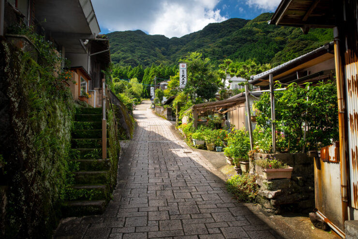 Quaint Japanese mountain village with cobblestone streets.