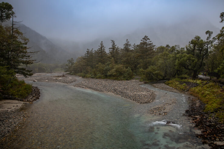Tranquil misty forest stream, Karasawa mountains