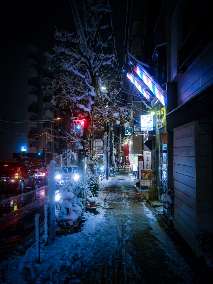 Vibrant Tokyo alley, snow-covered, neon-lit winter scene.