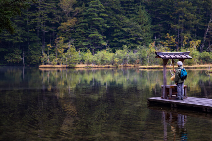 Serene lakeside dock in lush forest landscape.