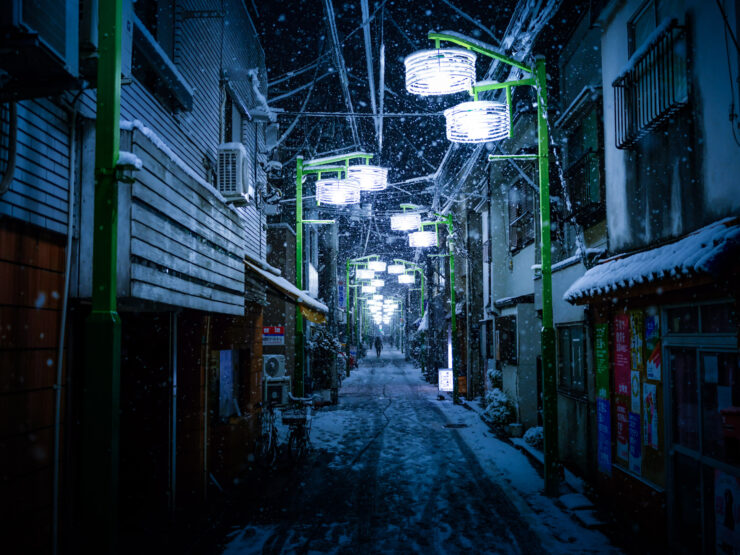 Snowy Japanese Village Alleyway Lanterns