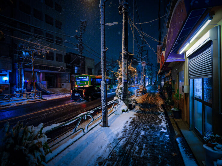 Serene Japanese village alleyway blanketed in snow at night.