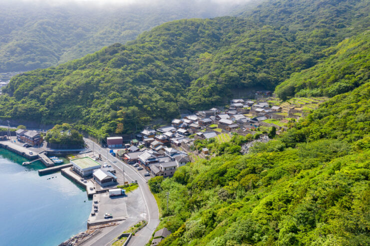 Tranquil Japanese fishing village amidst verdant hills